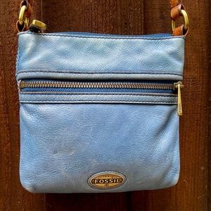 Vintage worn Fossil blue crossbody soft leather purse 8" x 8"